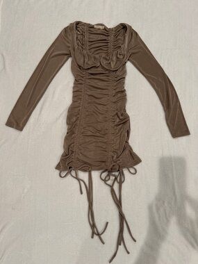 Mable Ruched Long-Sleeve Mini Dress in Brown